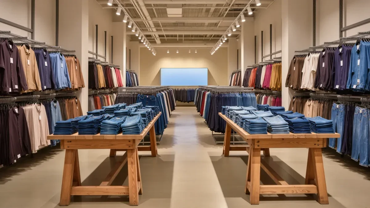Quiet apparel store interior with stacked folded denim and sale signage glow