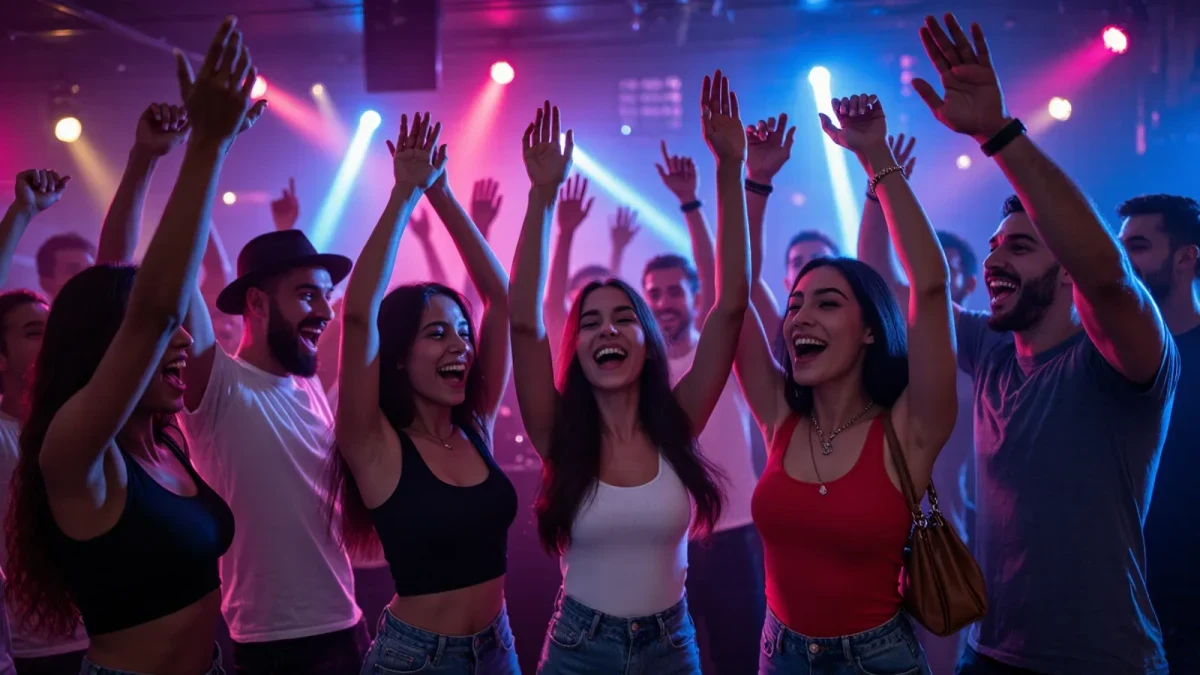Crowd dancing at a dim drum and bass club night