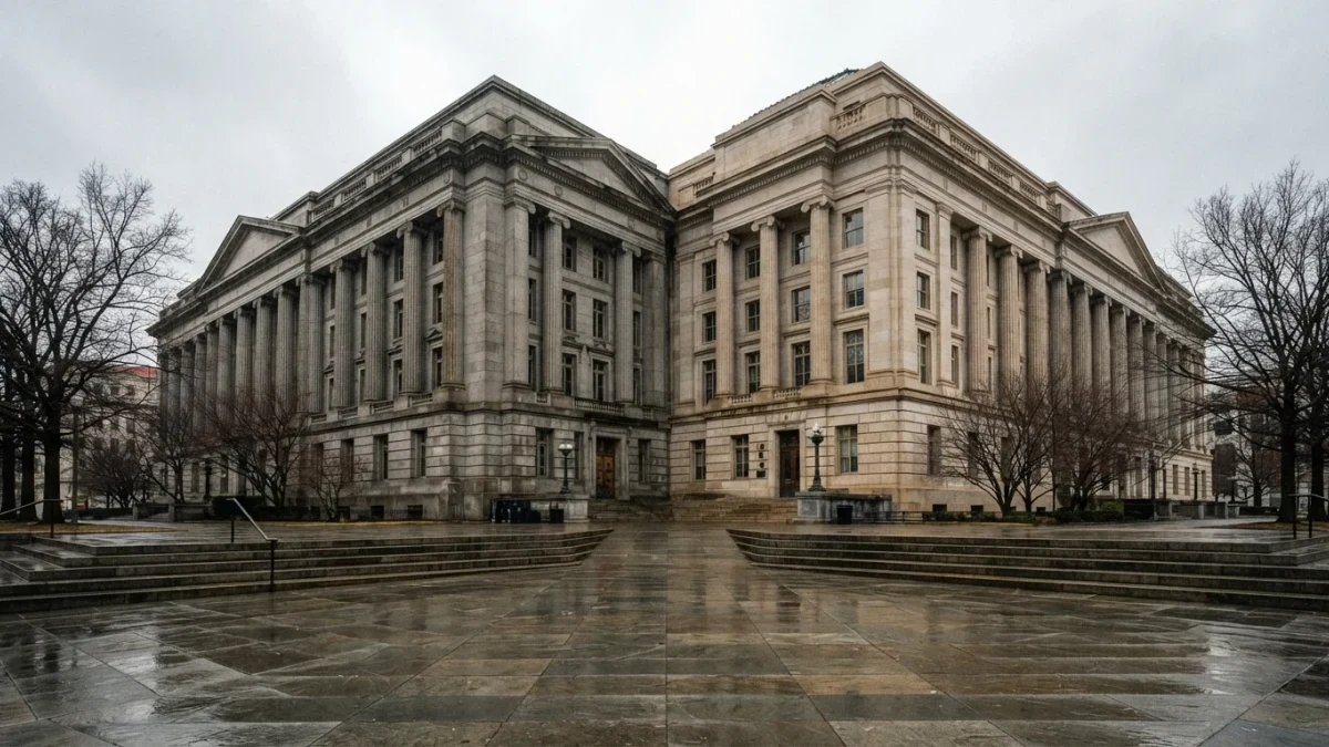 Two institutional building entrances converging on one plaza