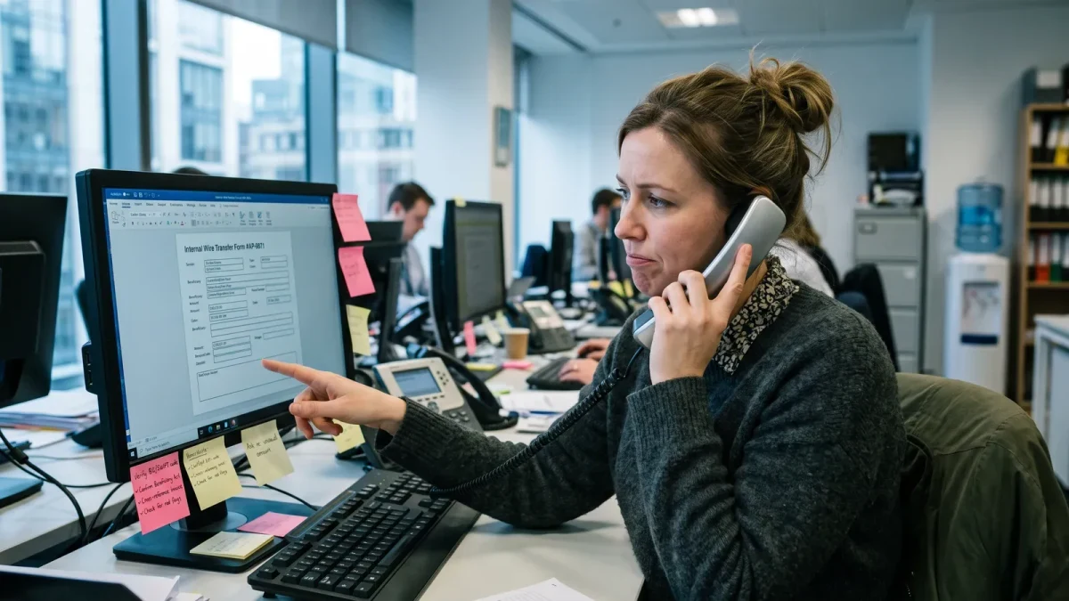 Finance employee verifying payment details by phone before wiring