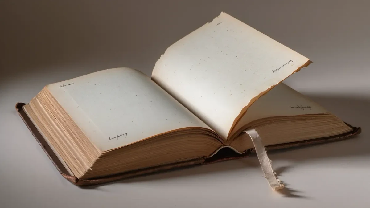 Open cloth-bound book with faint pencil annotations along its page margins