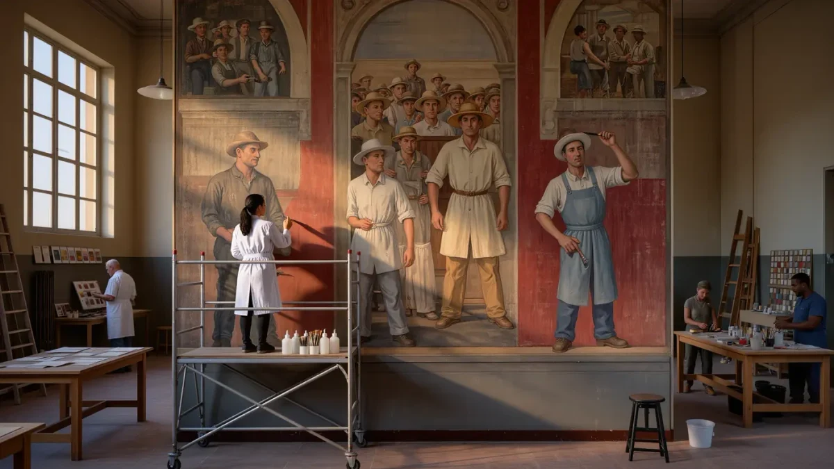 A conservator restoring a large 1930s-style public mural on a wall