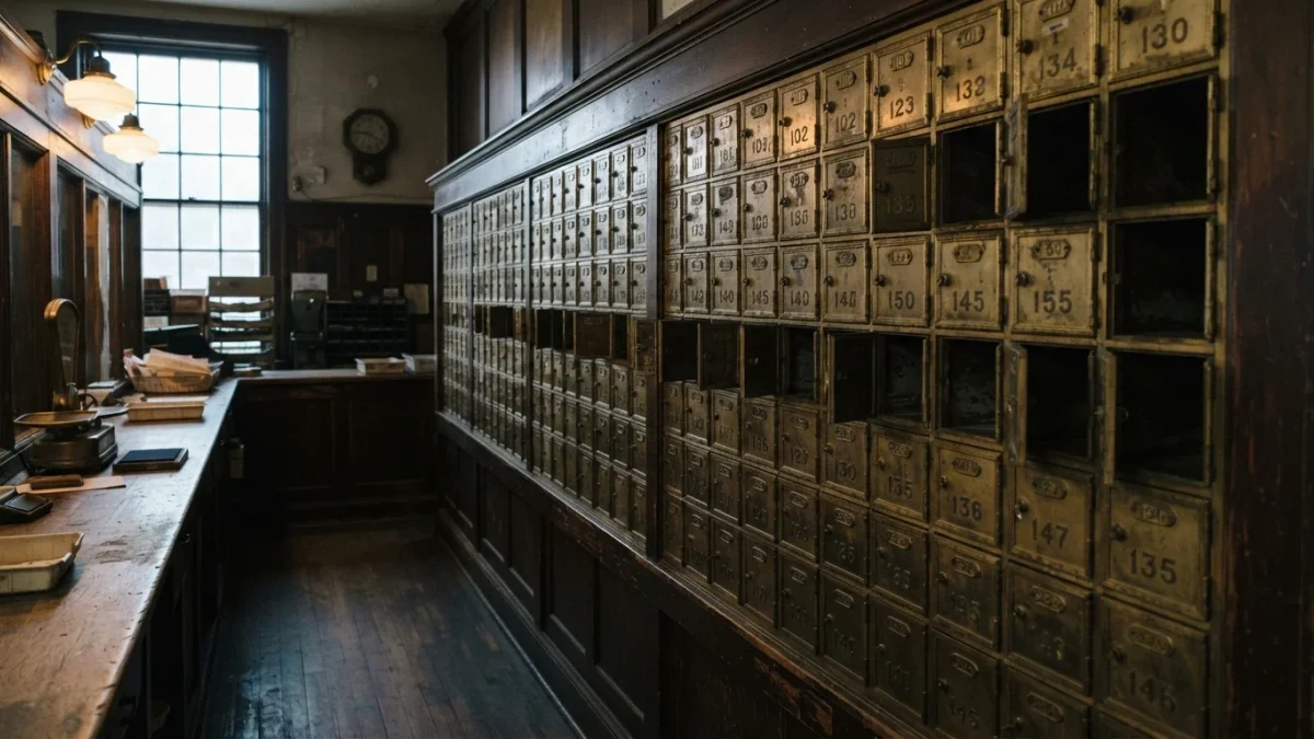 Wall of numbered brass mail pigeonholes in low light