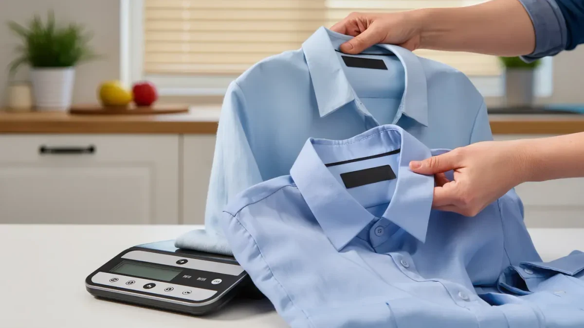 Hands comparing two identical shirts of visibly different fabric weight