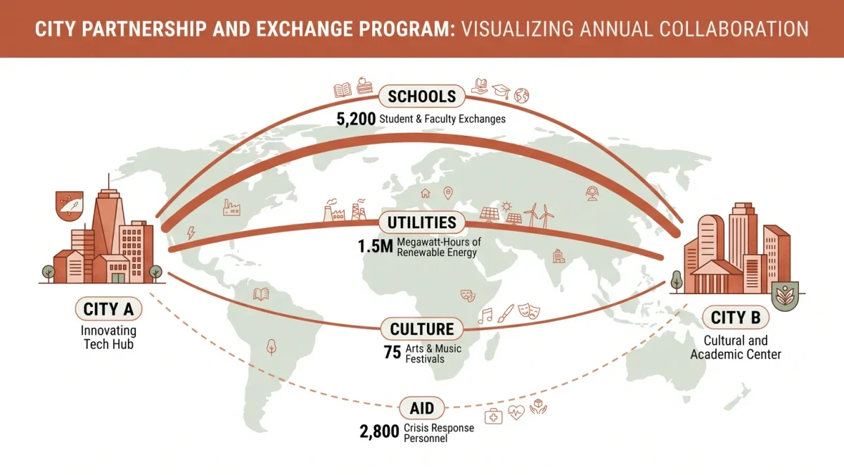 Infographic of a city-to-city exchange map with themed flow lines