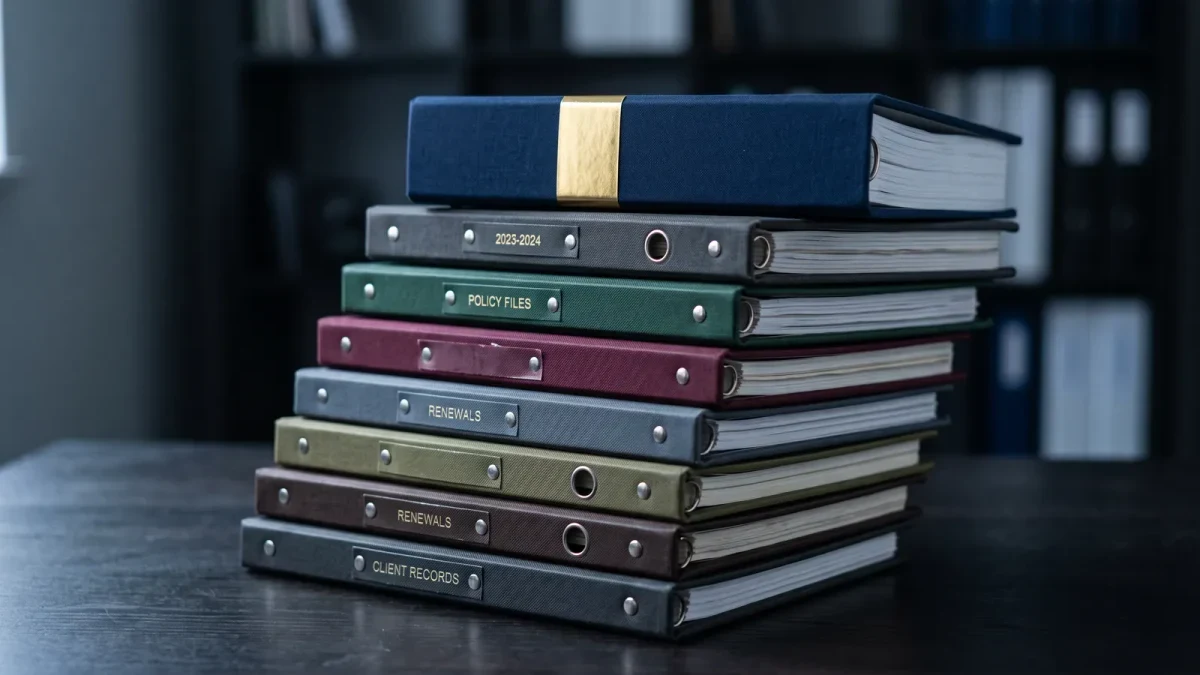 Close-up of layered insurance tower binders stacked in steps
