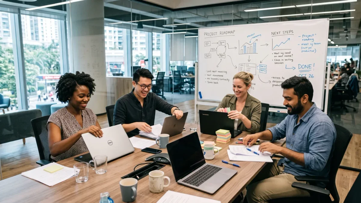 Small team closing laptops early in a bright meeting room