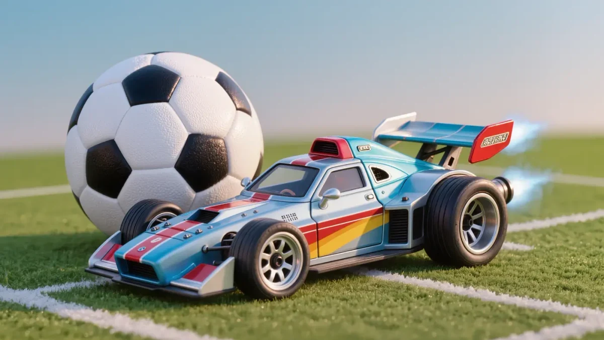 Studio close-up of a rocket-powered toy soccer car on a miniature pitch
