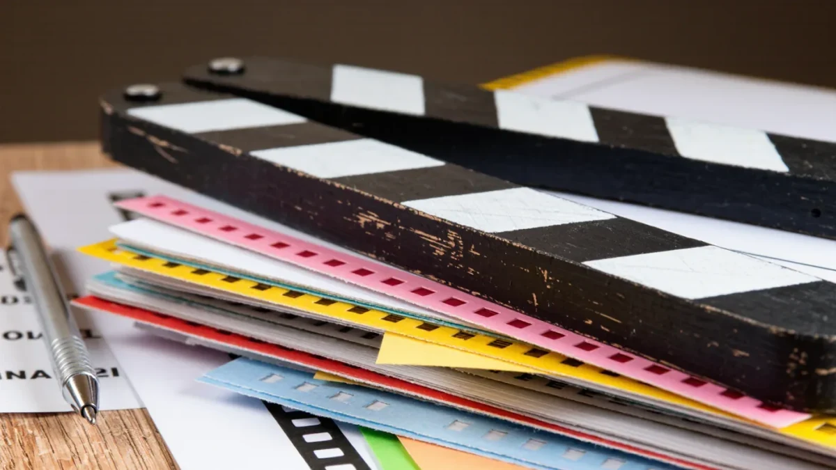 Marked-up shooting schedule script pages with clapperboard on surface