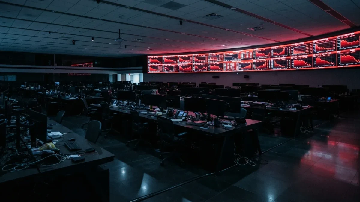 Unstaffed trading floor at night with a large glowing market-data wall