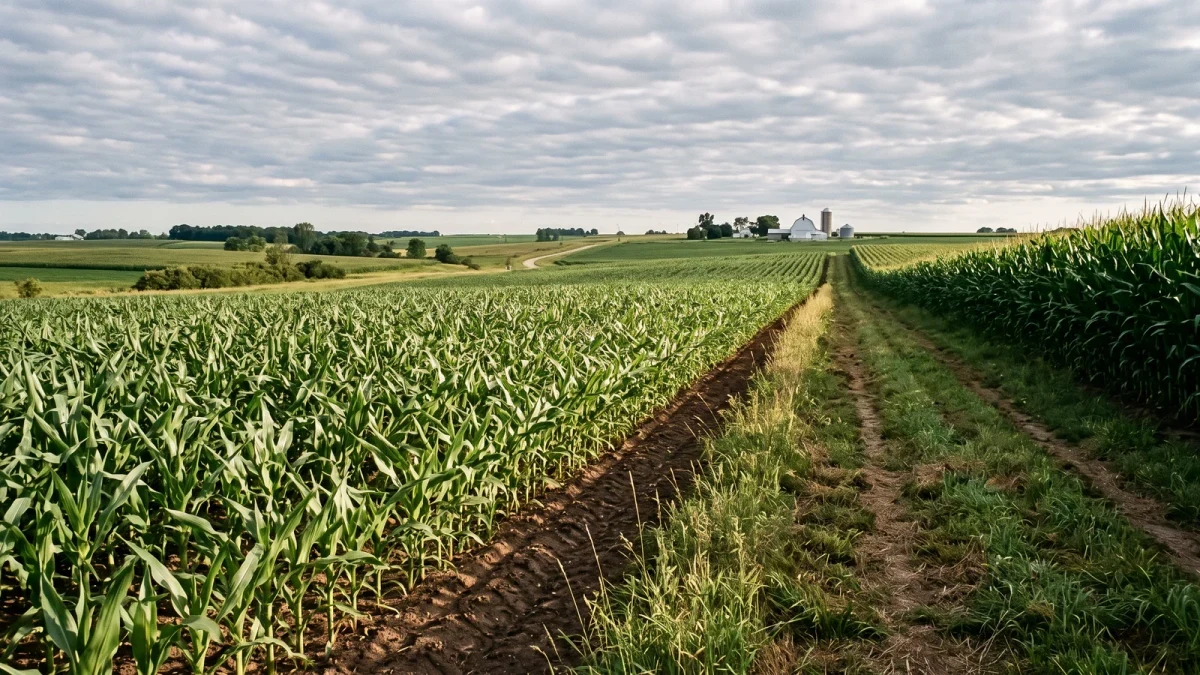 Organic cornfield with buffer strip at golden hour