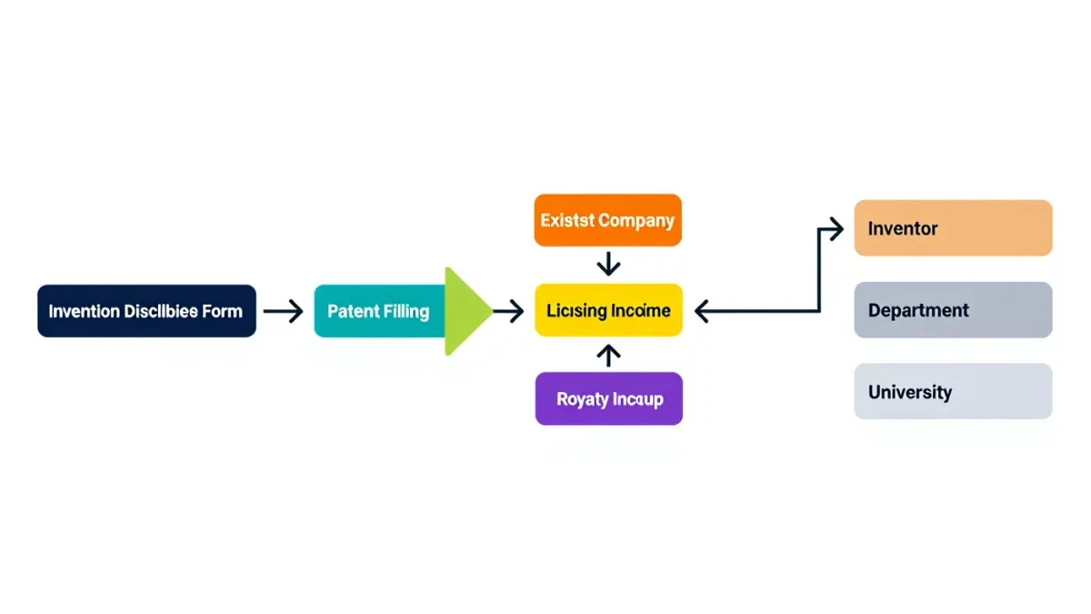 Infographic showing the path from lab invention disclosure to licensed patent