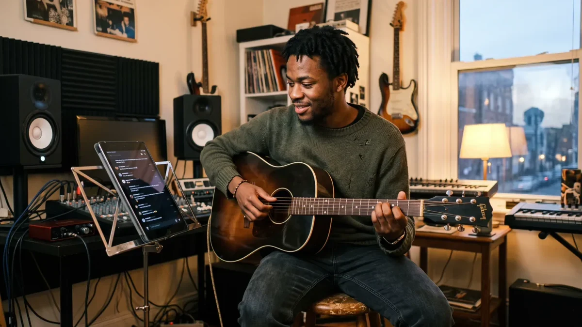 Musician engaging with supporters during a studio session