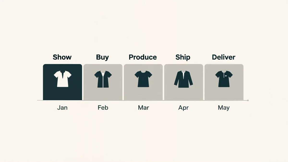 Infographic showing a runway look moving through buying, production and store delivery