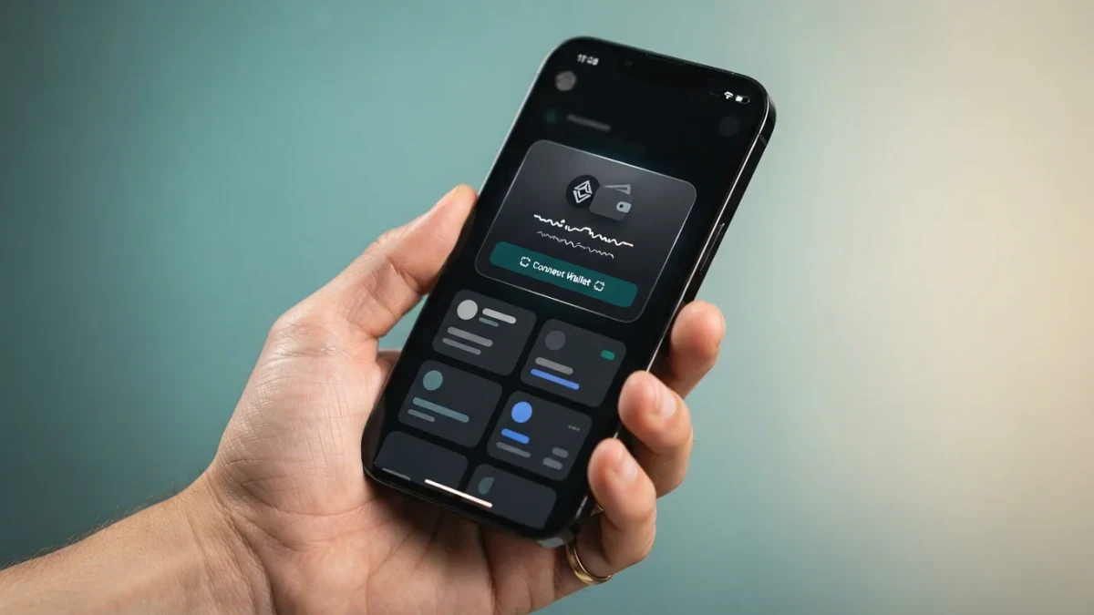 Smartphone in hand showing a generic wallet-connect prompt, studio product shot