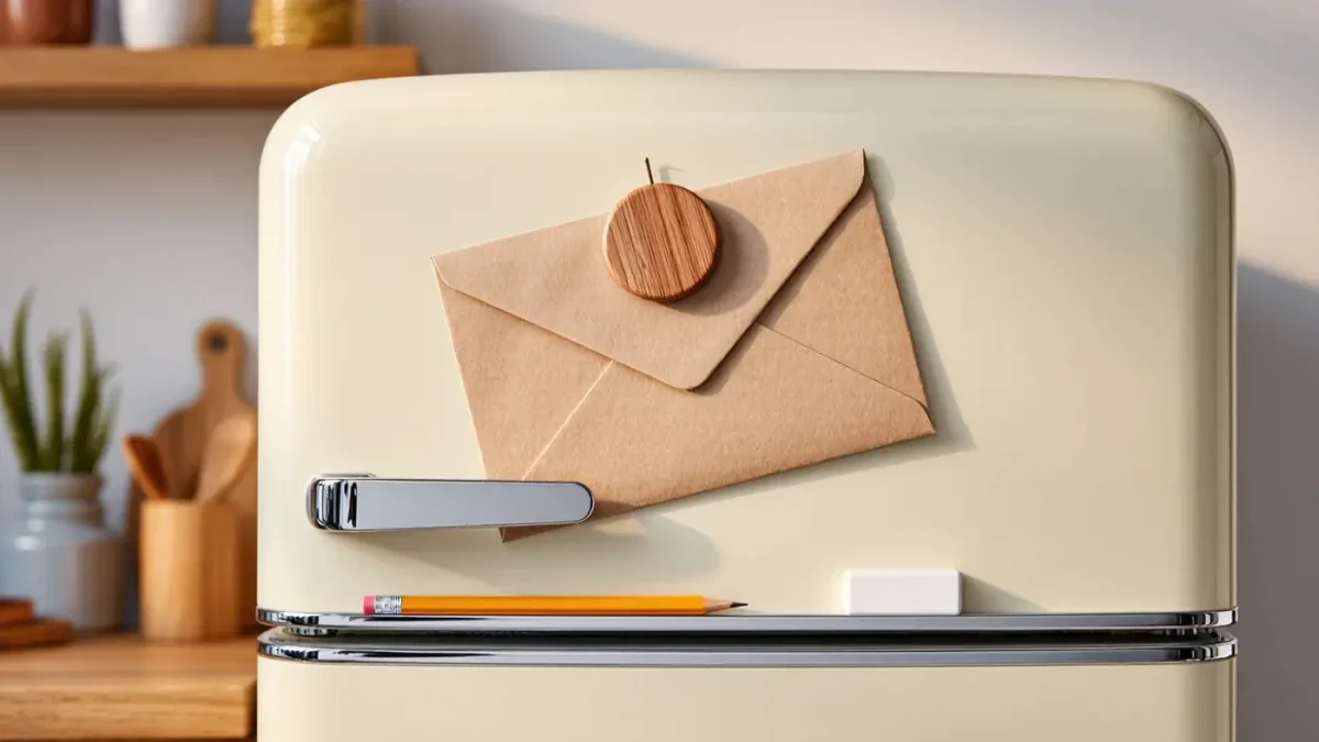 A sealed school report card envelope held by a fridge magnet