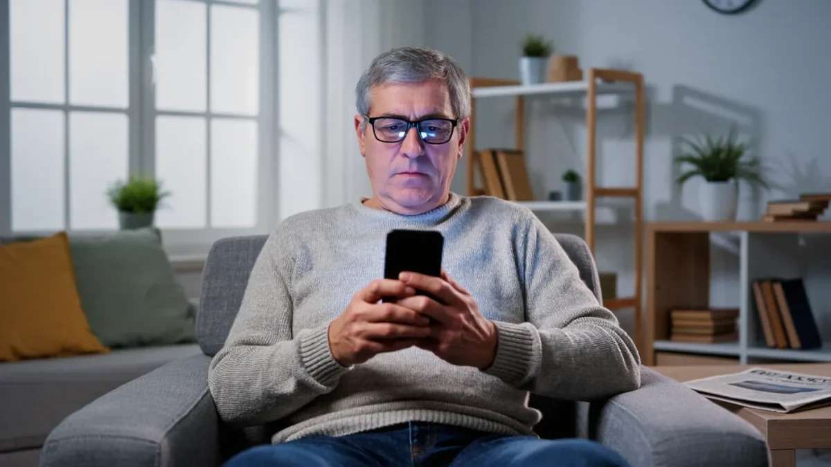 Older man frowning at a phone showing a death announcement post