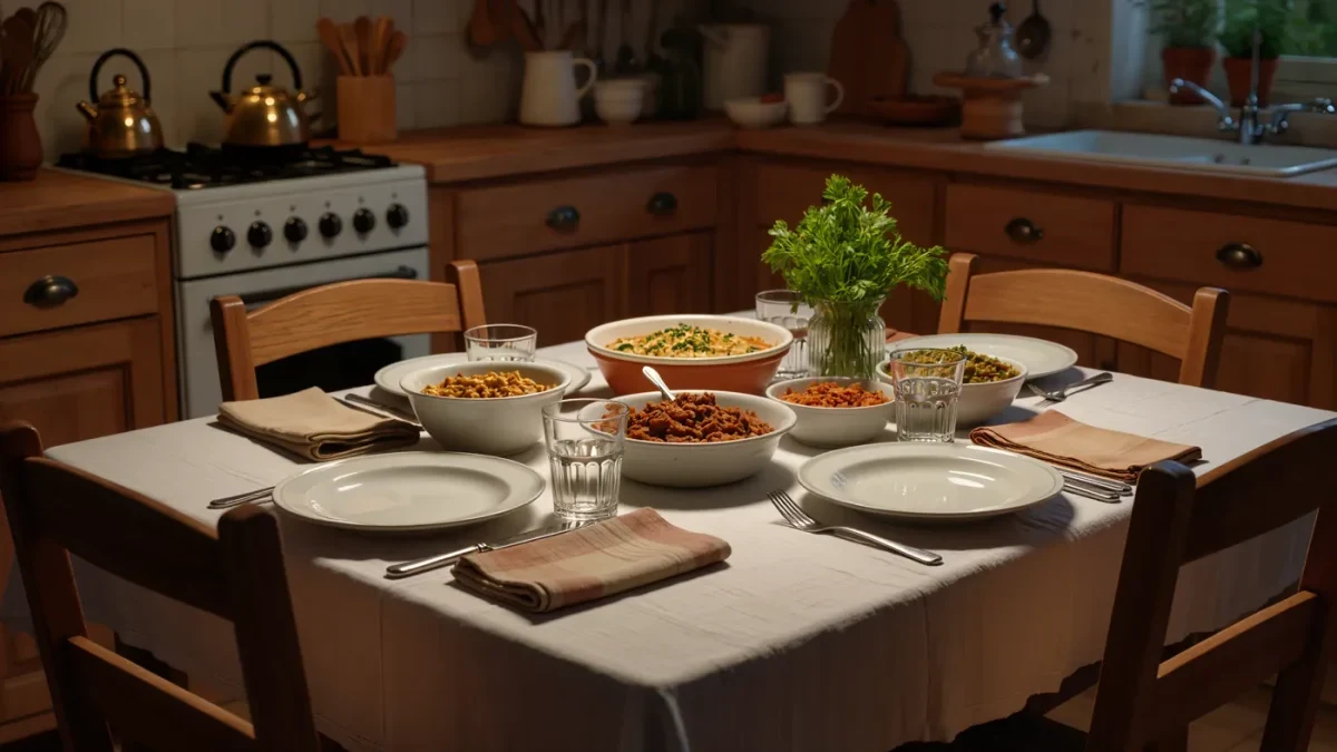 Dinner table mid-meal with no devices present