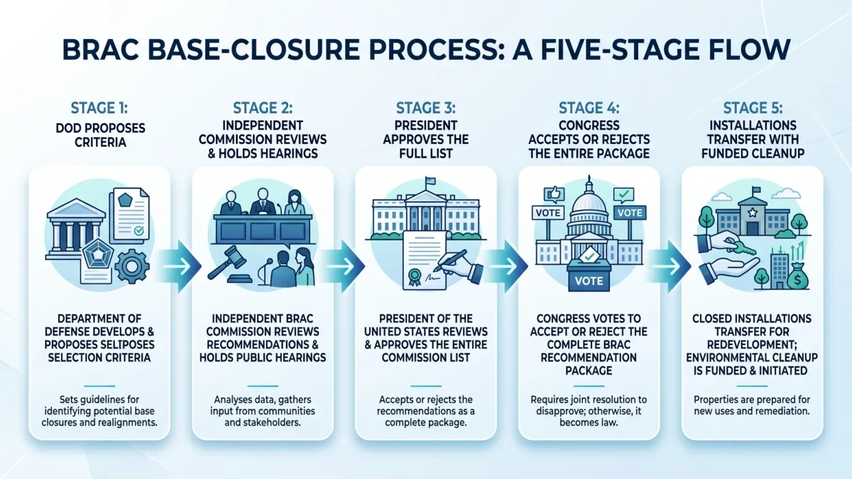 Infographic showing the five-step BRAC commission process
