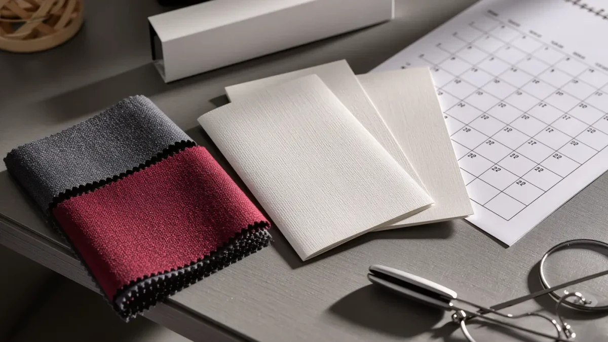 Close-up of a fabric swatch book and show invitations on a fashion week desk