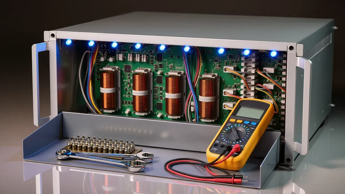 Technician's tools on an open transmitter cabinet