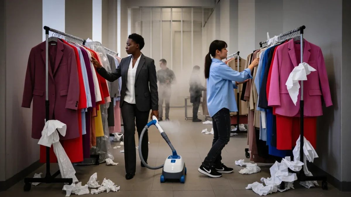 Fashion stylist pulling garment racks in backstage fitting area
