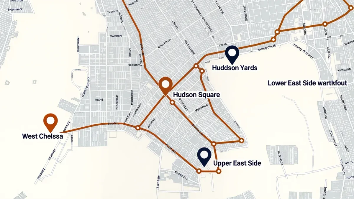 Schematic map marking Manhattan neighborhoods hosting fair week venues