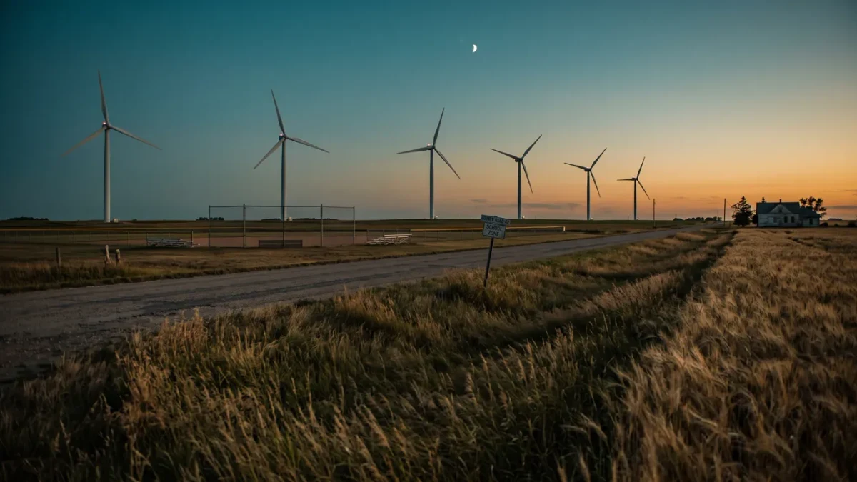 Wind turbines rising behind a rural school ballfield at dusk