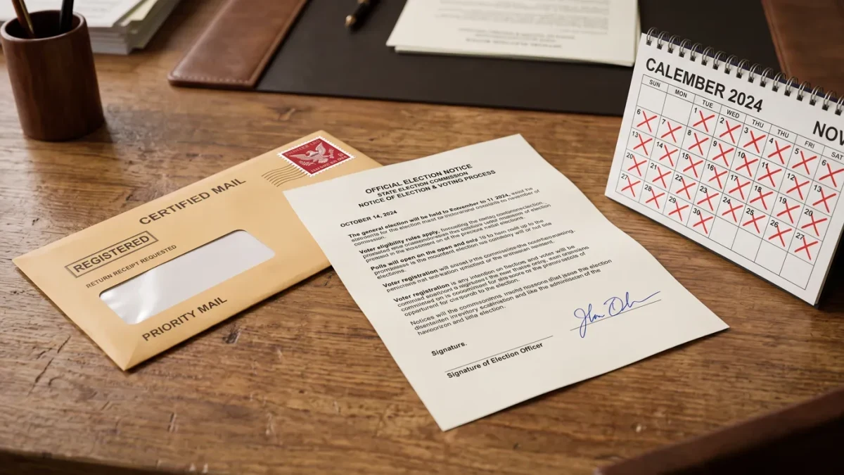 Certified-mail election letter beside a thirty-day calendar