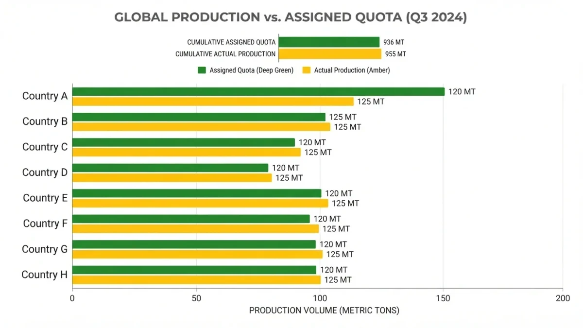 Infographic chart comparing OPEC+ quotas with actual production