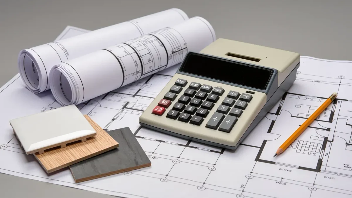 Close-up of a calculator and budget sheet on architectural floor plans