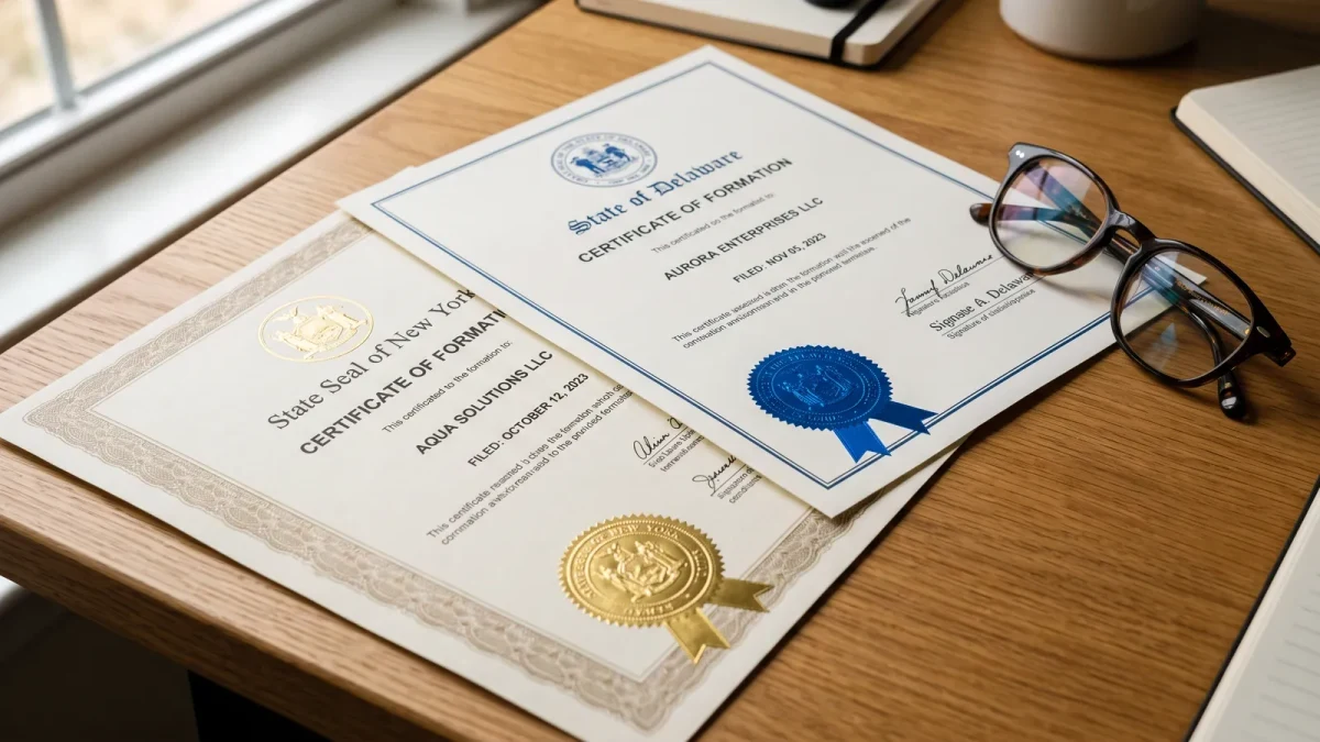 Close-up of two formation certificates side by side on a desk