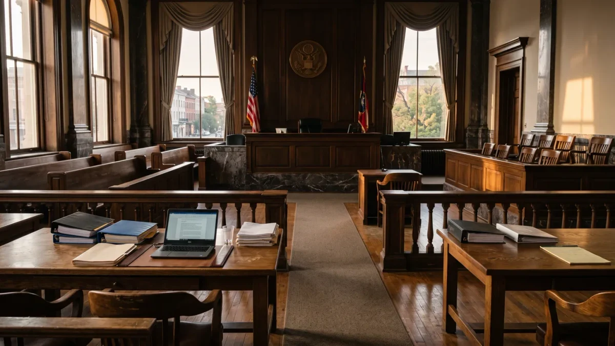 Empty courtroom with counsel tables before a hearing