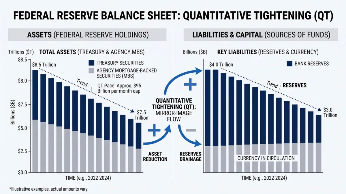 Infographic of Fed balance sheet shrinking with reserves draining