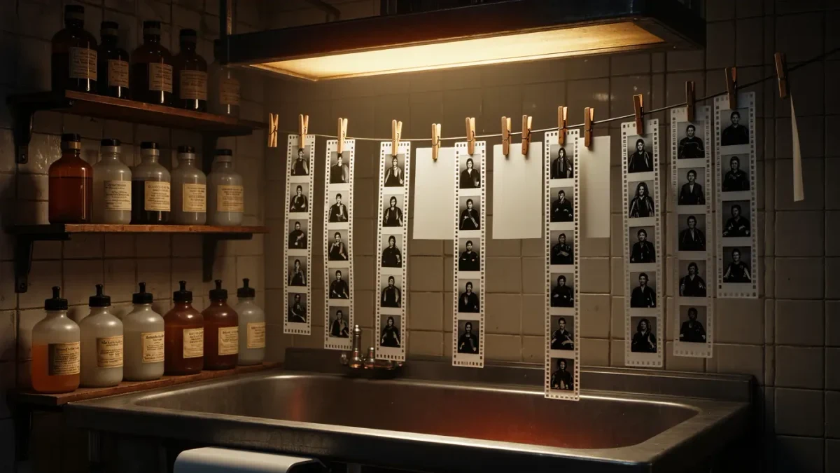 Film strips drying on a wire in amber safelight glow