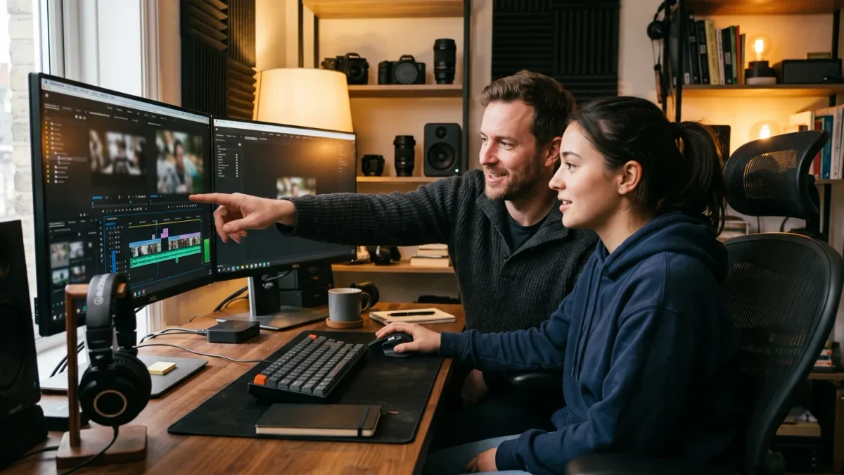 Creator training a new contractor beside an editing workstation