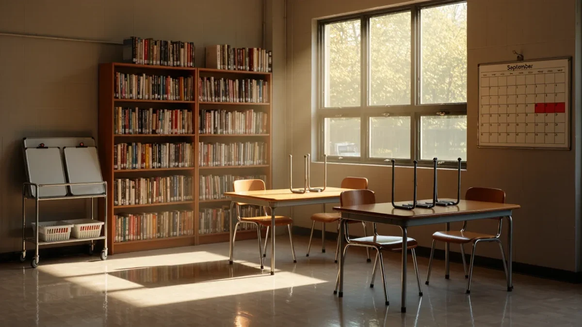 Empty after-school tutoring room with stacked chairs