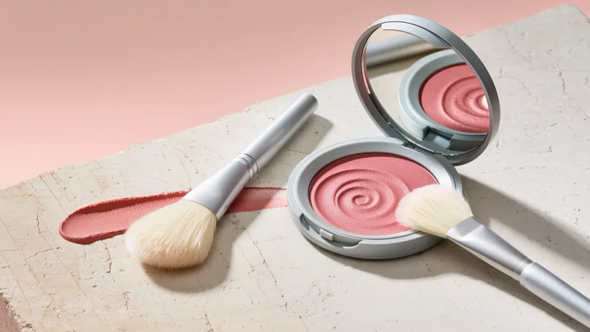 Open cream blush compact with a brush resting beside it on a pale surface
