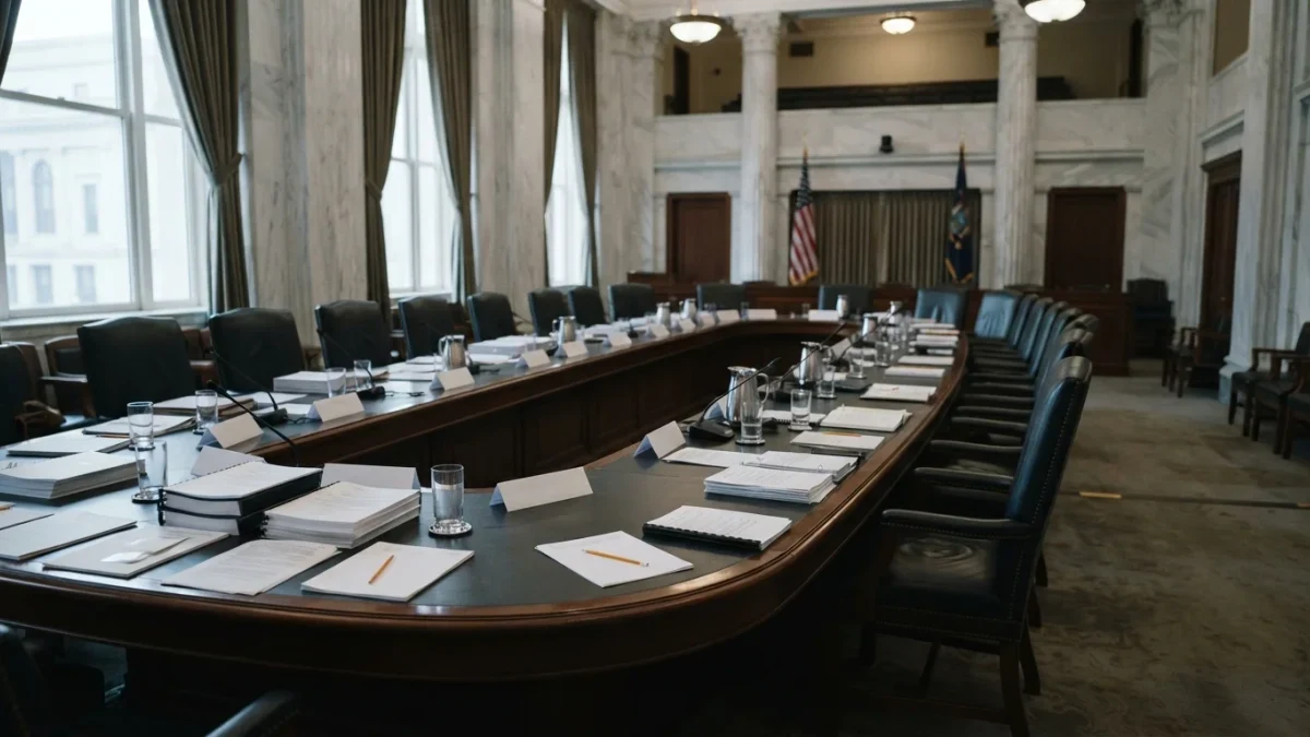 Empty regulatory hearing room with long table and documents