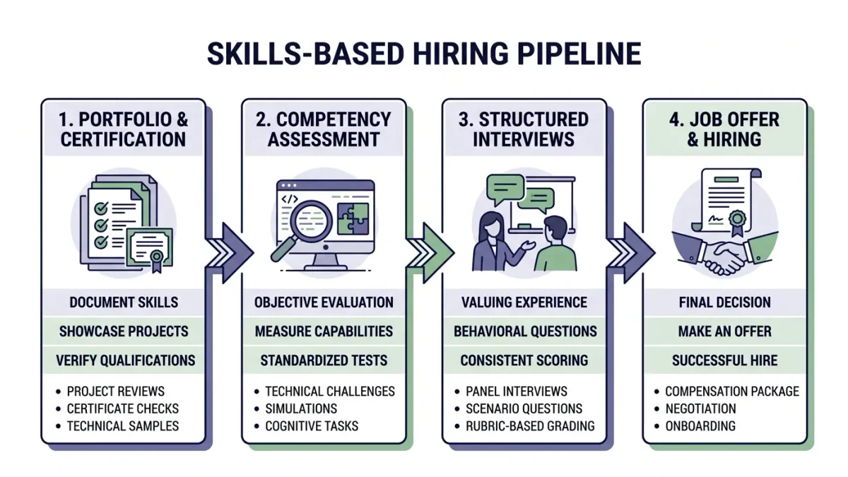 Infographic diagram of a skills-first hiring pipeline from certification to offer