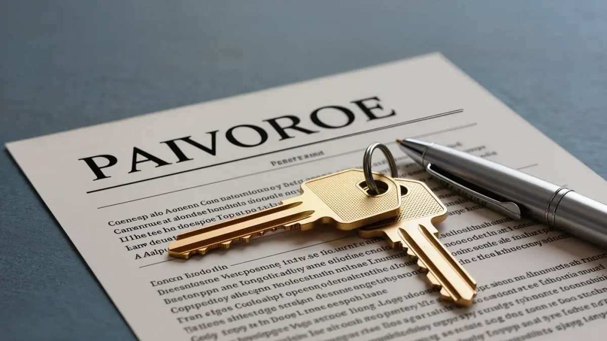 Close-up of a house key resting on a signed residential lease document
