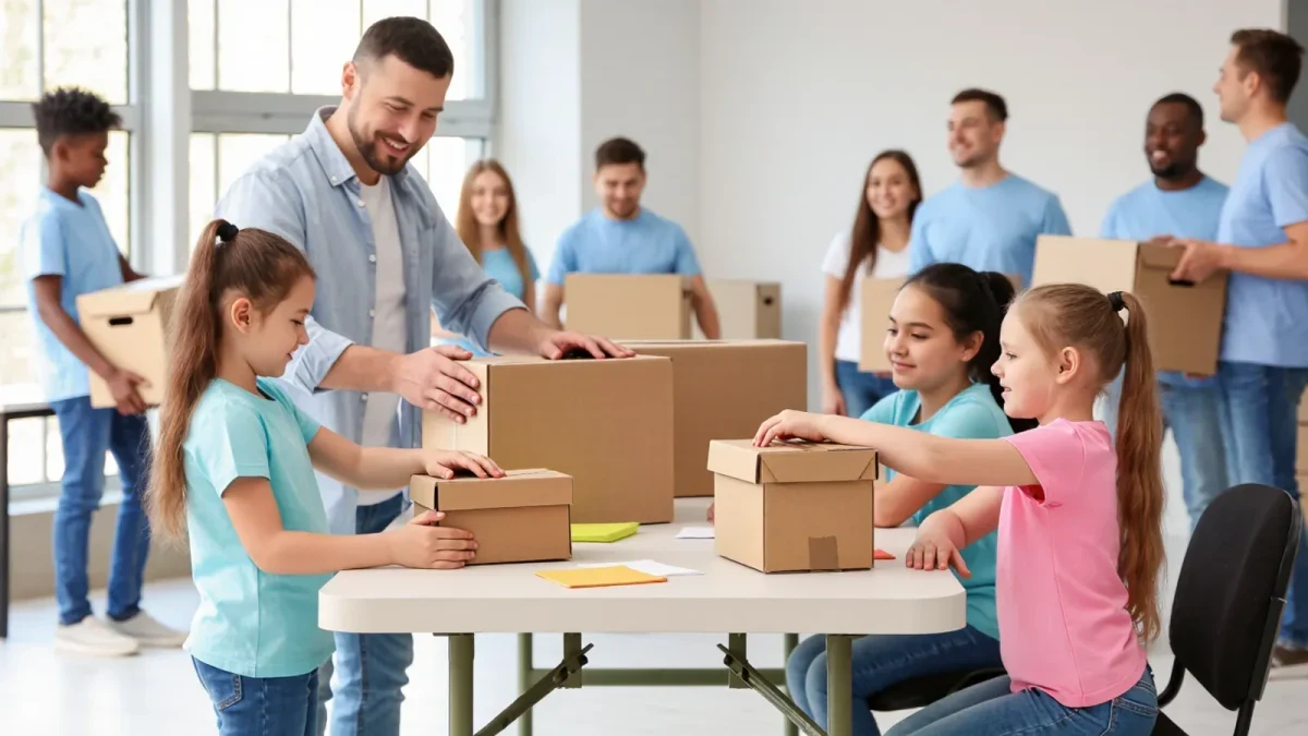 Family sorting donation boxes at community center