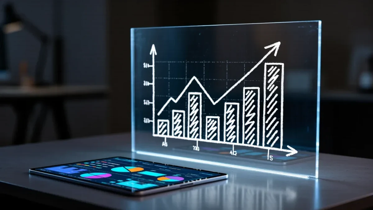 Data dashboard concept with charts over living room screen glow