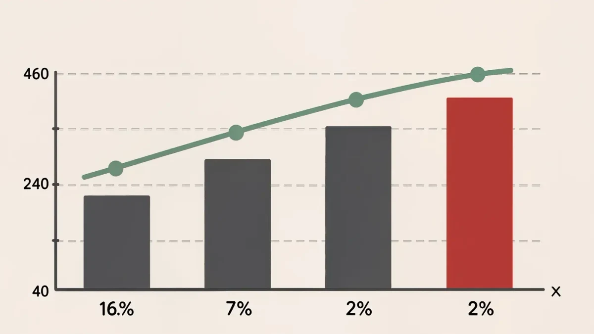 Infographic of division revenue trend across four quarters with a 2 percent dip marked