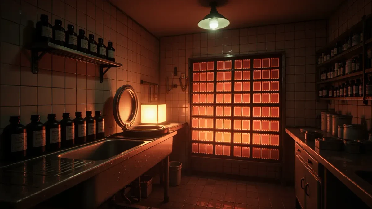 Night darkroom sink with chemistry bottles and glowing slide frames