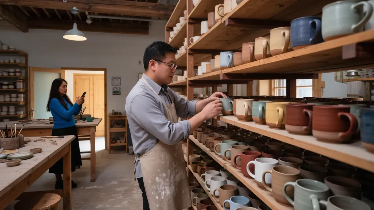 Potter photographing wares while a visitor scans a phone in the studio