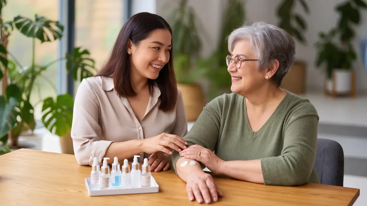 Two women testing skincare together at a sunny home table in South America