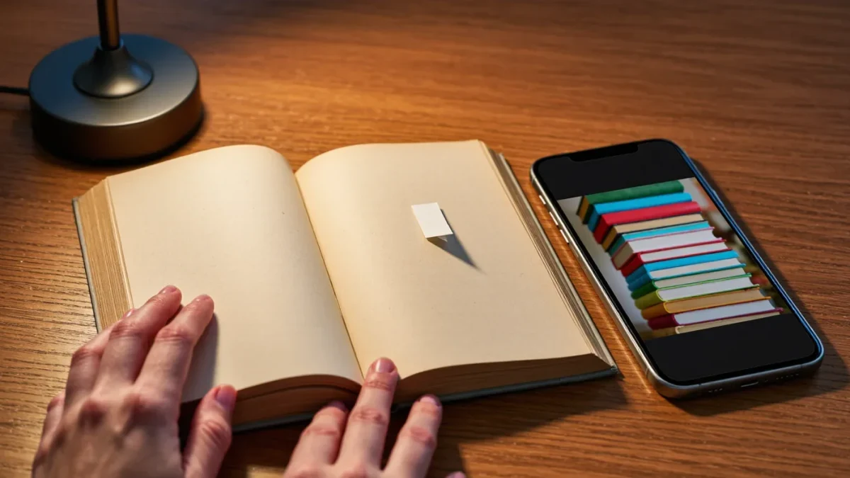 Close-up of a hand holding a marked page beside a phone playing a book video
