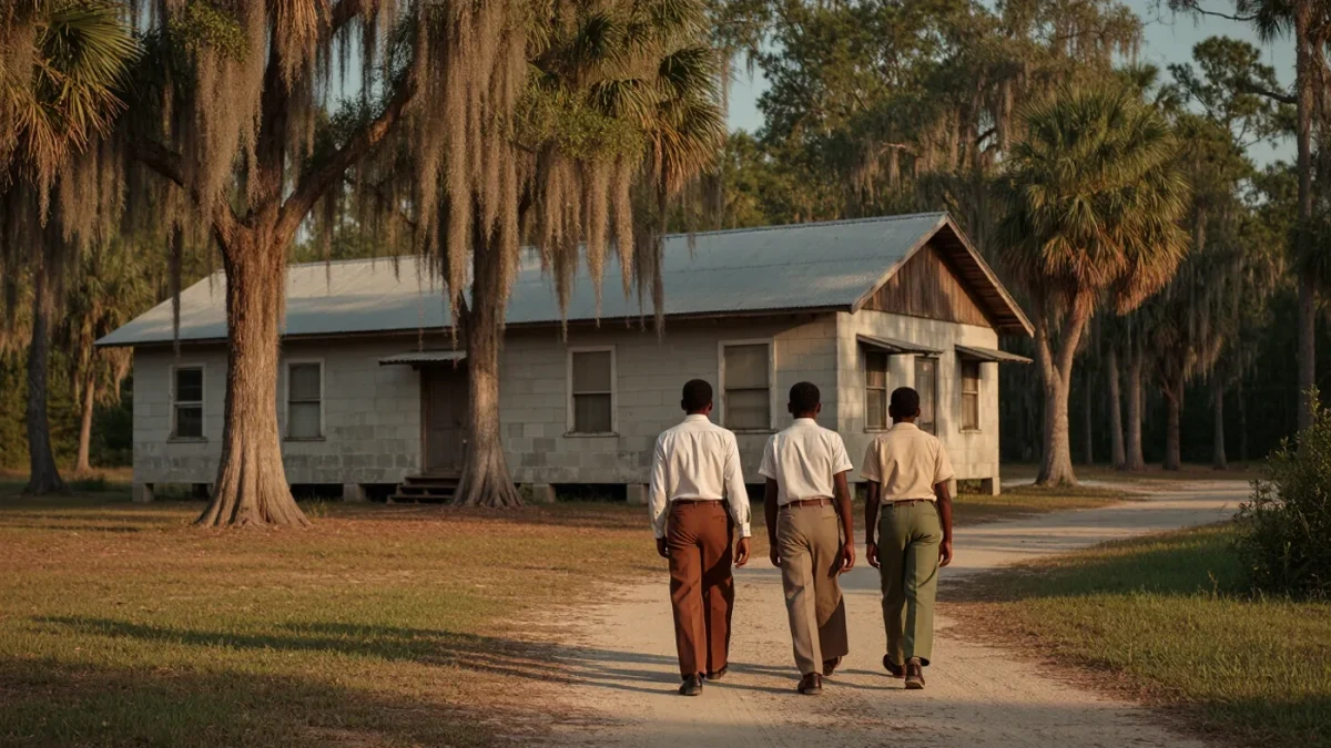 Two teenage boys walking toward a weathered Florida schoolhouse, 1960s period