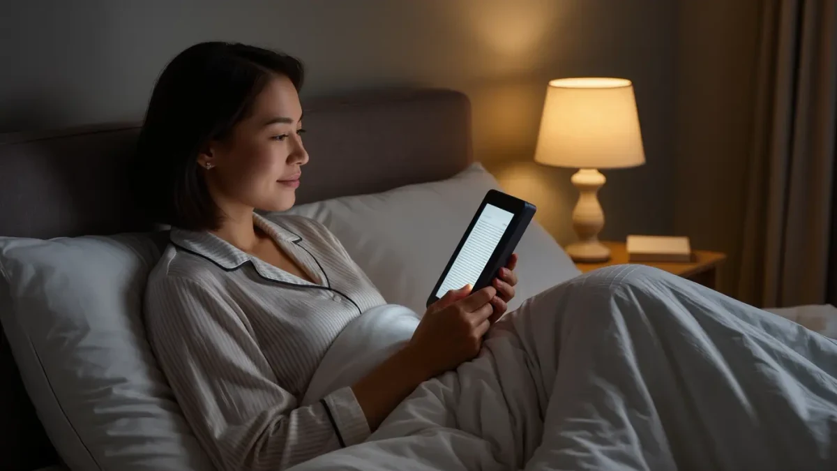 Woman reading a glowing e-reader in bed under warm lamp light